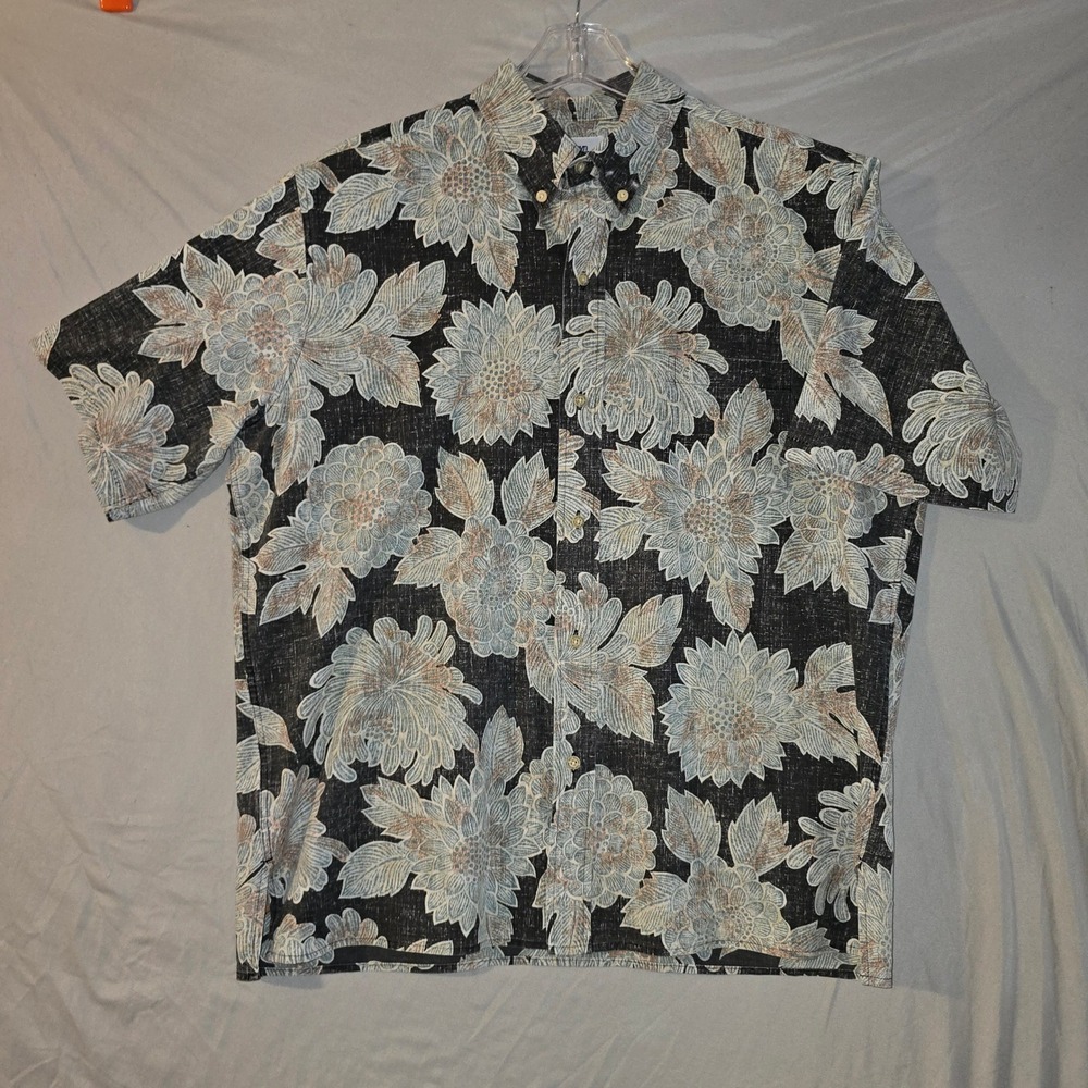 Reyn Spooner Button Down Shirt Large Mens Black Floral Hawaiian Traditionals